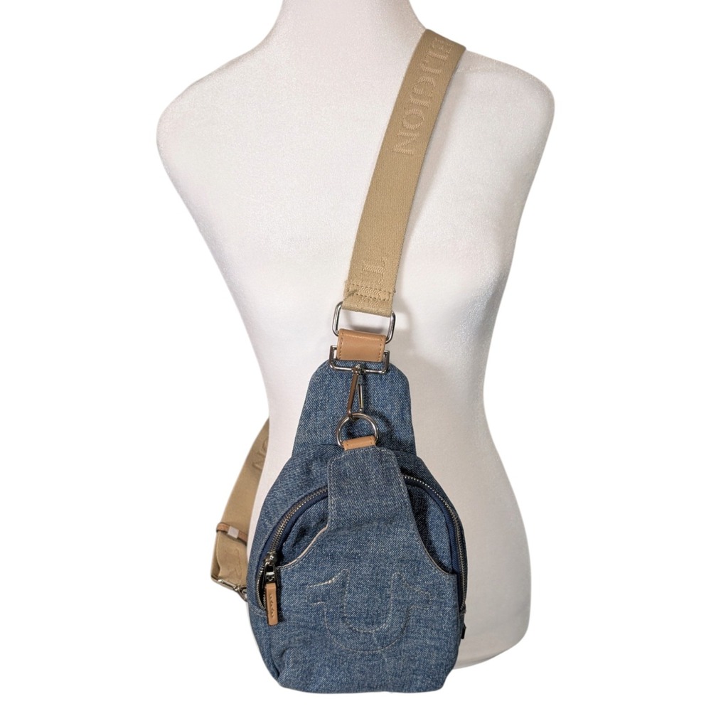 True Religion Denim Sling Bag Blue Horseshoe Embroidered Crossbody Backpack